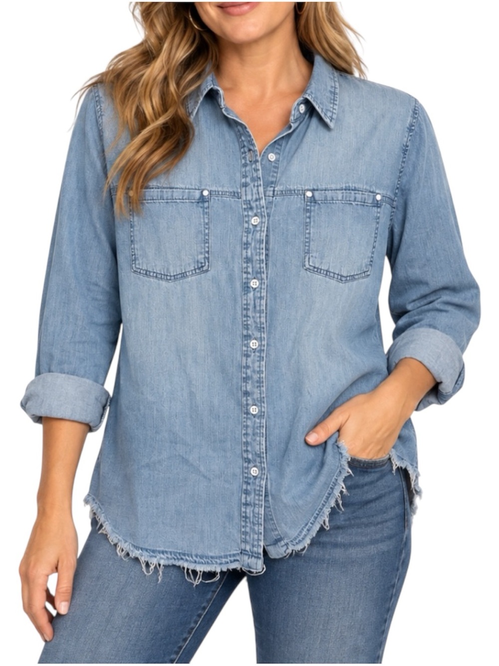 Universal Thread Women’s Large Blue Chambray Denim Button Down Shirt Raw Hem